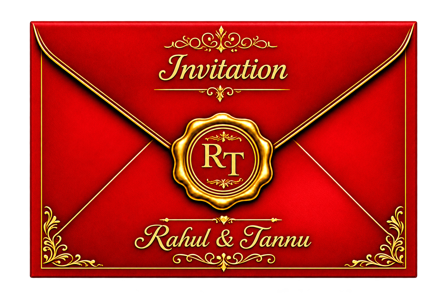 Gold-sealed red invitation envelope for Rahul and Tannu